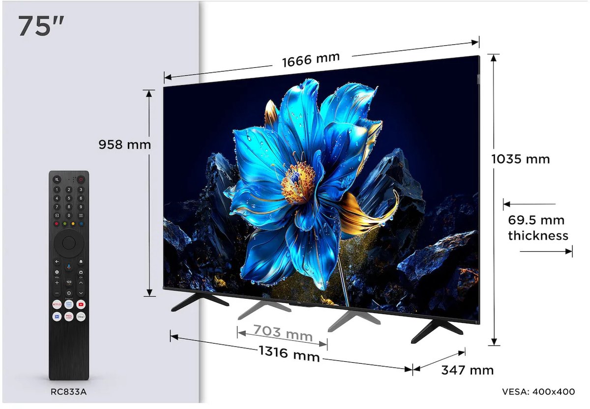 TCL 75QLED780K tv 190,5 cm (75") 4K Ultra HD Smart TV Zwart 450 cd/m²