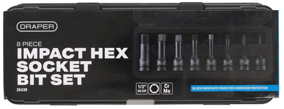 Draper 1/2" Sq. Dr. Impact Bit Set - 8 Stuks