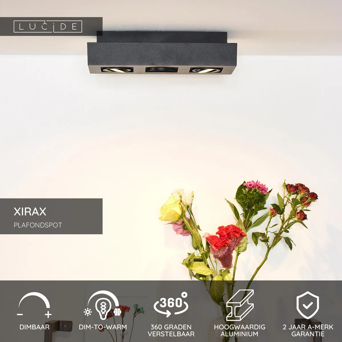 Lucide XIRAX Plafondspot LED Dim-to-Warm 3x5W - Zwart