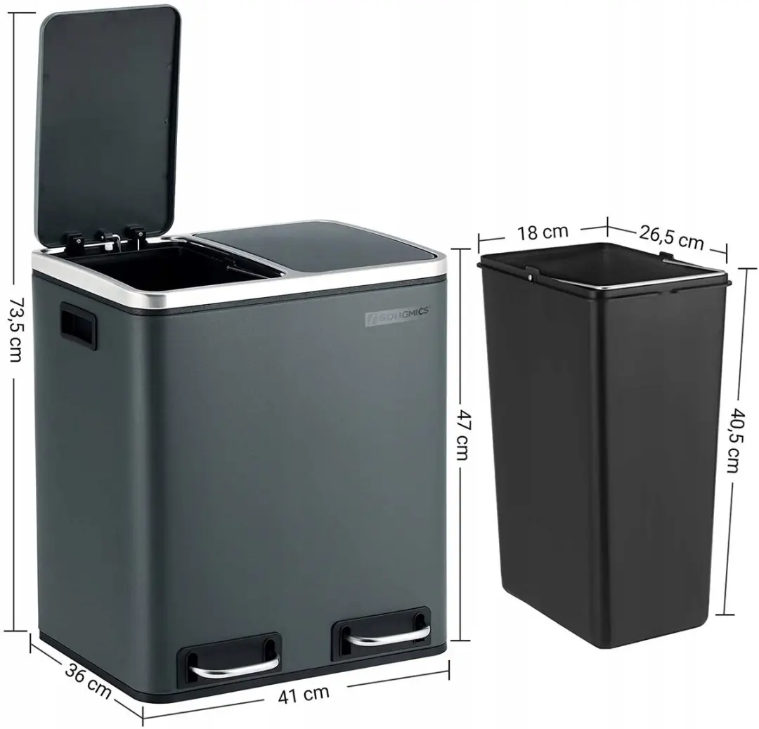 Songmics Keukenafvalbak 2x15L Pedaal Grijs