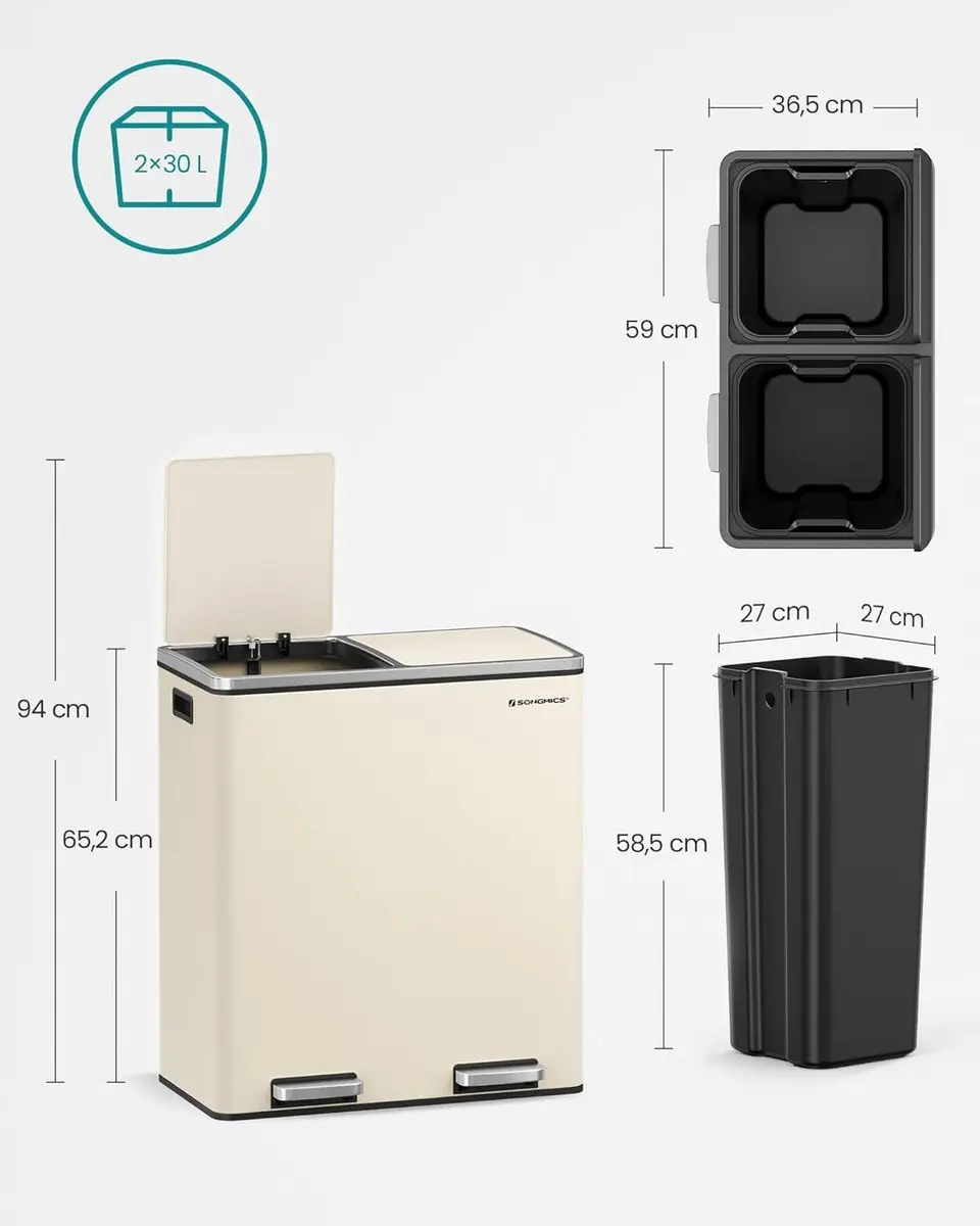 Songmics Vuilnisbak 2x30L - 2 Emmers met Pedalen - 15 Zakken - Crème