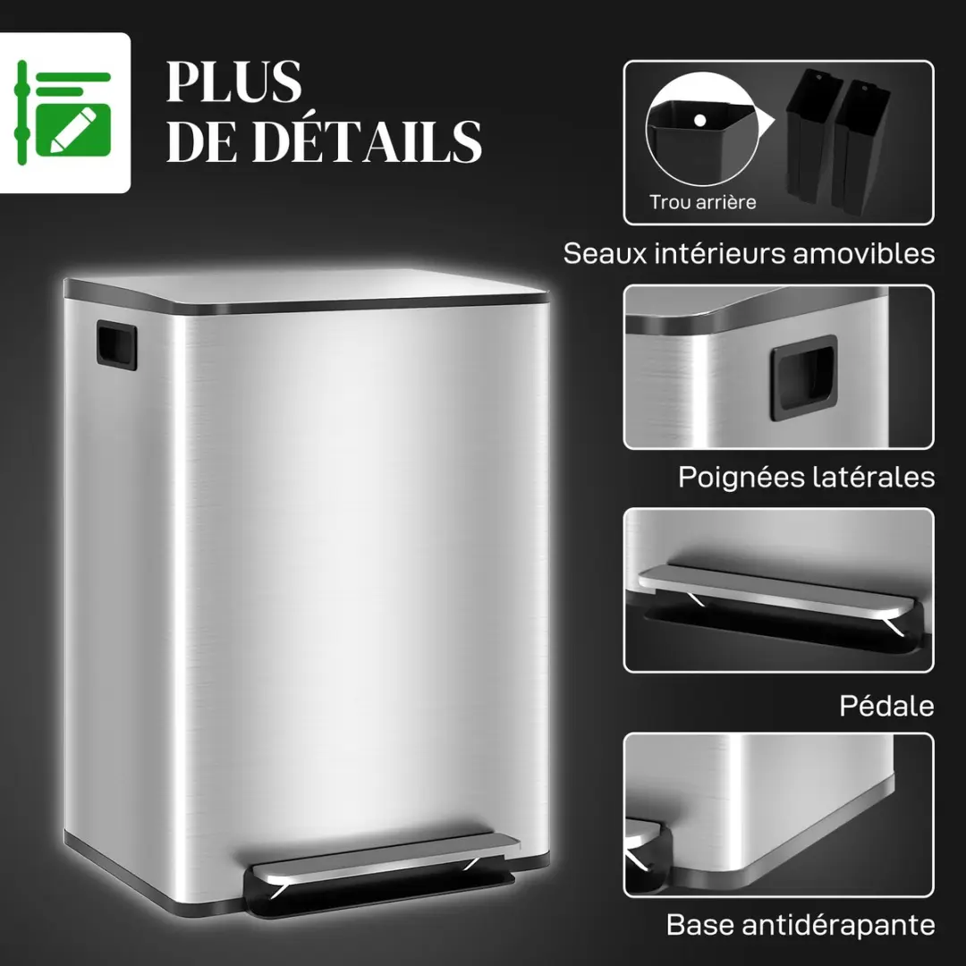 Homcom Roestvrijstalen Prullenbak 60L - 47,7x37,5x66,8cm - Zilver