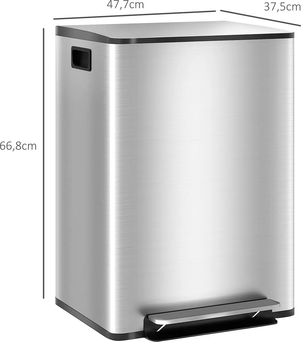 Homcom Roestvrijstalen Prullenbak 60L - 47,7x37,5x66,8cm - Zilver