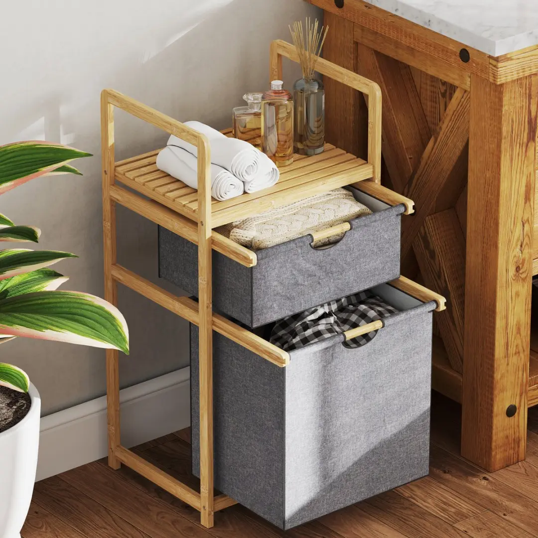Homcom Wasmand Bamboe 44x34x84,5cm - 48L - 2 Vakken - afbeelding 6 van 6