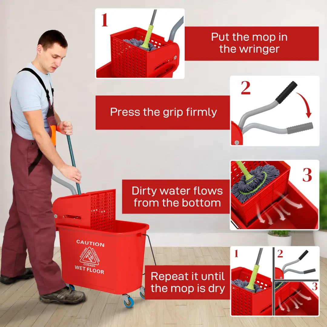 Homcom Dweil-emmer met wringer 20L - Rood
