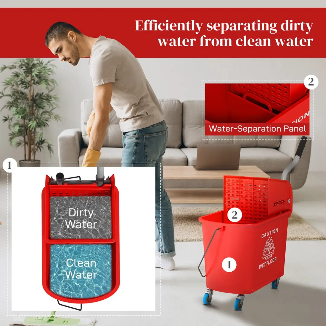 Homcom Dweil-emmer met wringer 20L - Rood