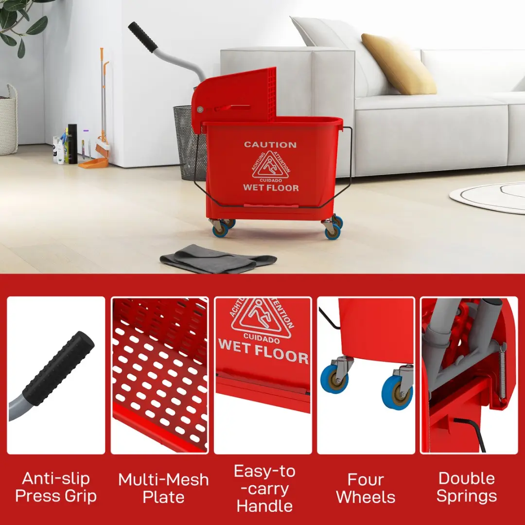 Homcom Dweil-emmer met wringer 20L - Rood - afbeelding 6 van 6