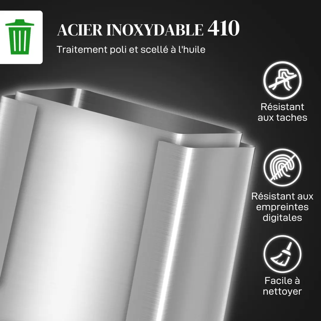 Homcom Roestvrijstalen Prullenbak 40L - 41,8x36,7x58cm - Zilver
