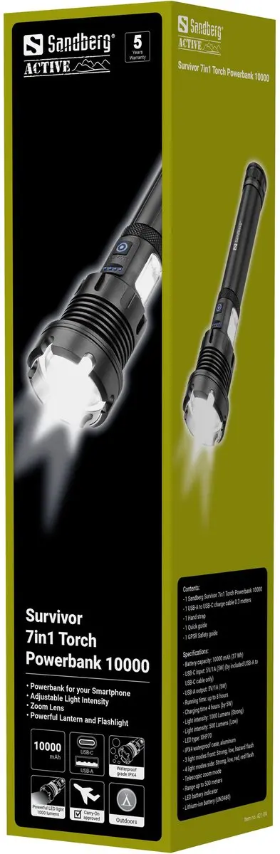 Sandberg Survivor 7in1 Torch Powerbank 10000mAh - 421-09 - Zwart