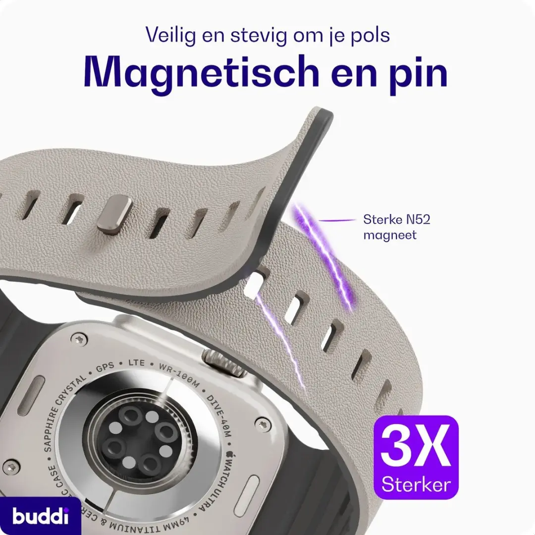 Buddi Luno Magnetisch Apple Watch Bandje - 49mm Grijs