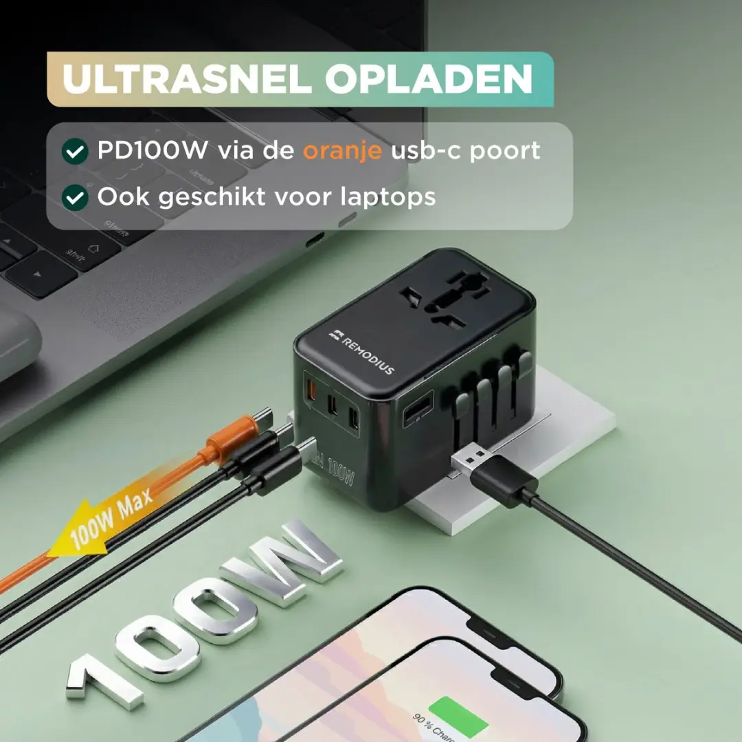 Remodius Wereldstekker PRO - 4x USB - PD100W - Wereldwijd