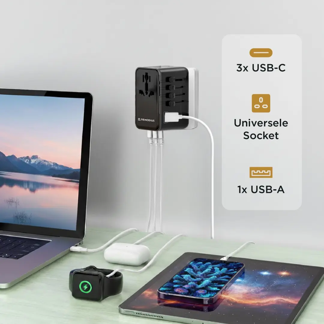 Remodius Wereldstekker PRO - 4x USB - PD100W - Wereldwijd