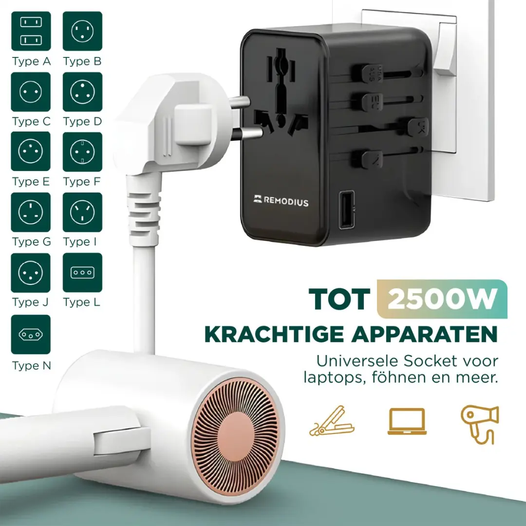 Remodius Wereldstekker PRO - 4x USB - PD100W - Wereldwijd - afbeelding 6 van 6
