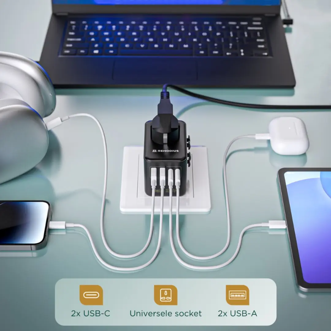 Remodius Wereldstekker 8721008631424 - 4x USB - 220+ landen