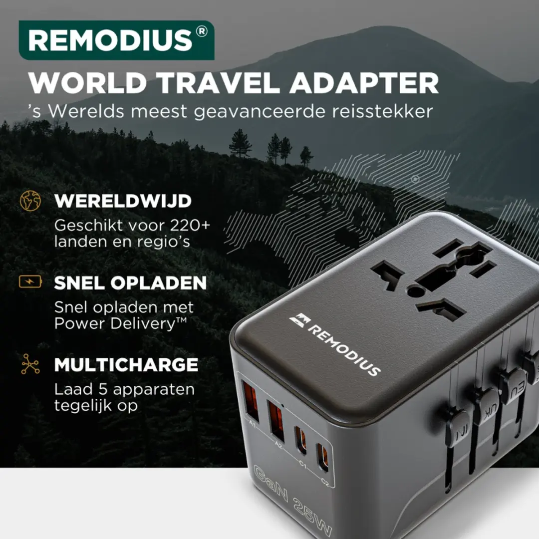 Remodius Wereldstekker 8721008631424 - 4x USB - 220+ landen