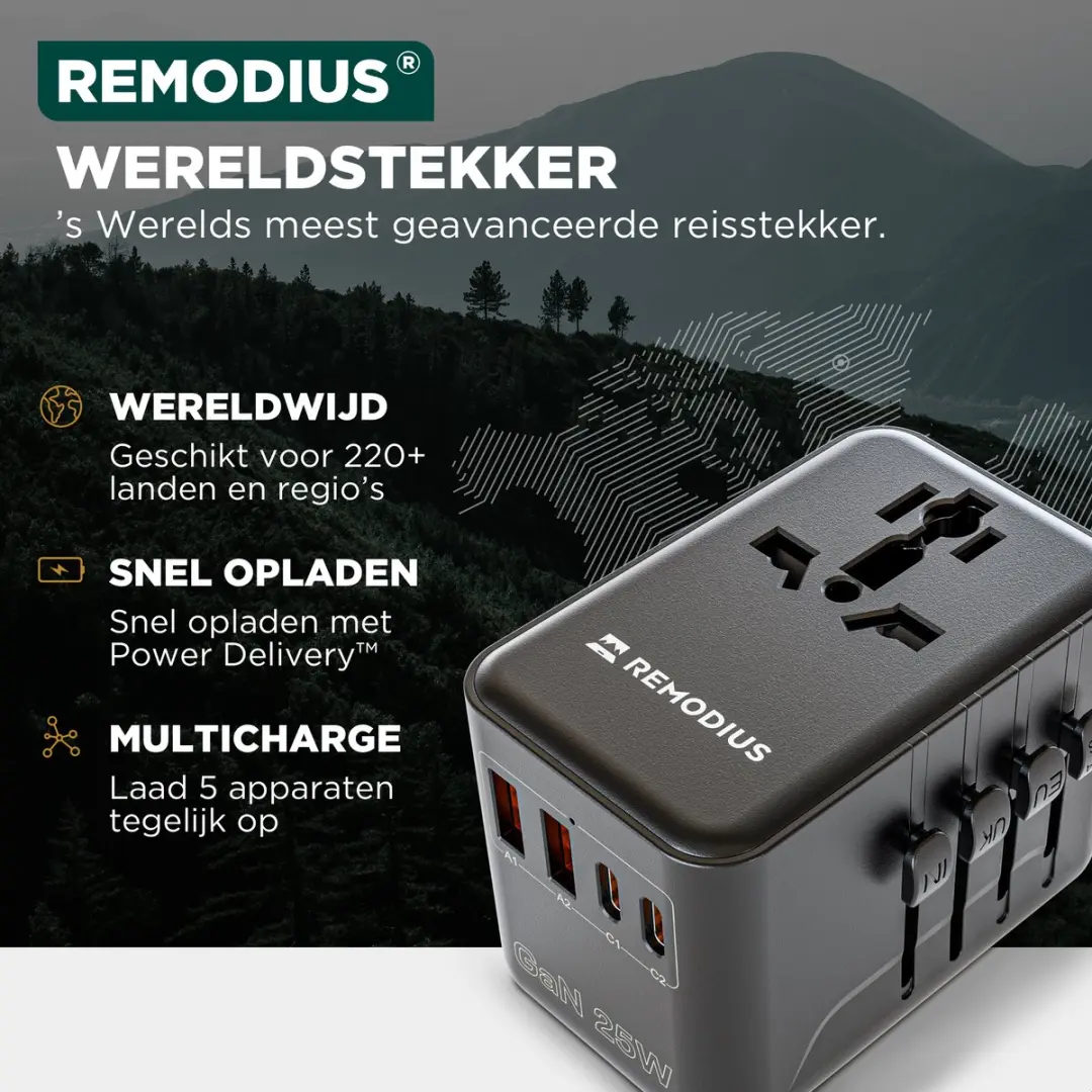 Remodius Wereldstekker 8721008631356 - 2x USB-C & 2x USB-A