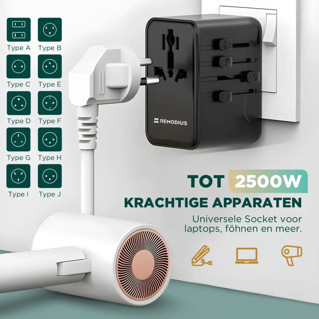 Remodius Wereldstekker 8721008631356 - 2x USB-C & 2x USB-A