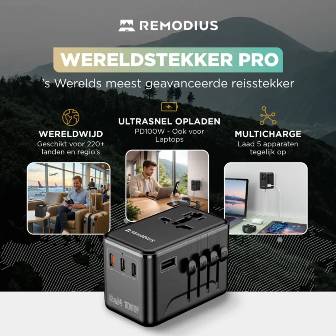 Remodius Wereldstekker PRO + 2x UniCharge Oplaadkabels - 100W USB-C - 4 Poorten