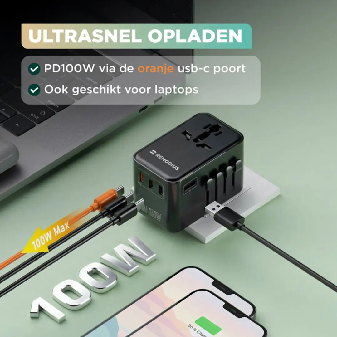 Remodius Wereldstekker PRO + 2x UniCharge Oplaadkabels - 100W USB-C - 4 Poorten - afbeelding 6 van 6