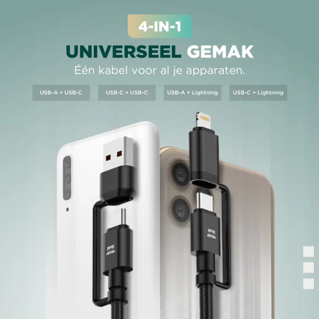 Remodius Wereldstekker PRO + 2x UniCharge Oplaadkabels - 100W USB-C - 4 Poorten