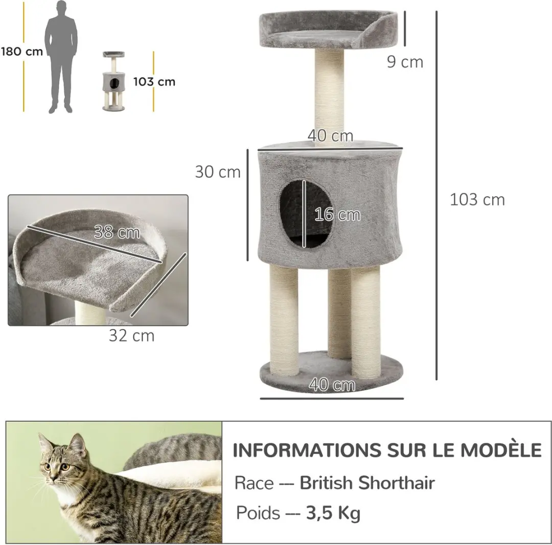 Pawhut Kattenboom - 40x40x103cm - Grijs
