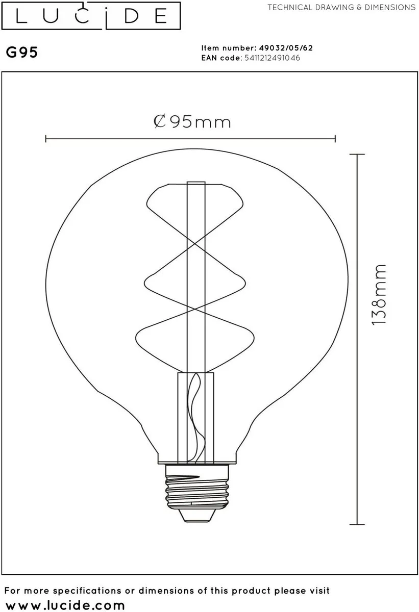 Lucide G95 LED Filamentlamp 4,9W 2200K - Amber