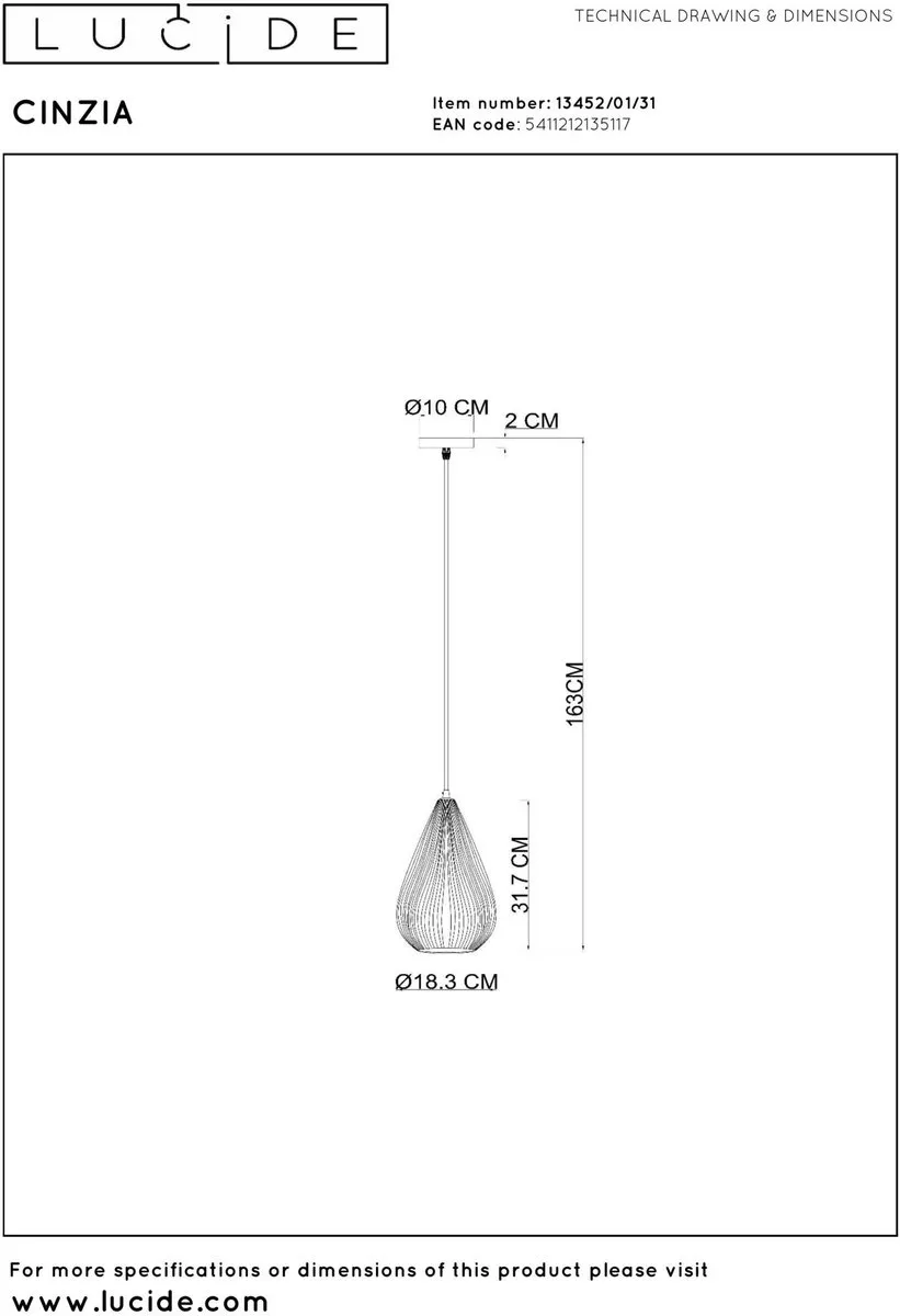 Lucide Cinzia Hanglamp Ø18.3cm - 1xE27 Wit