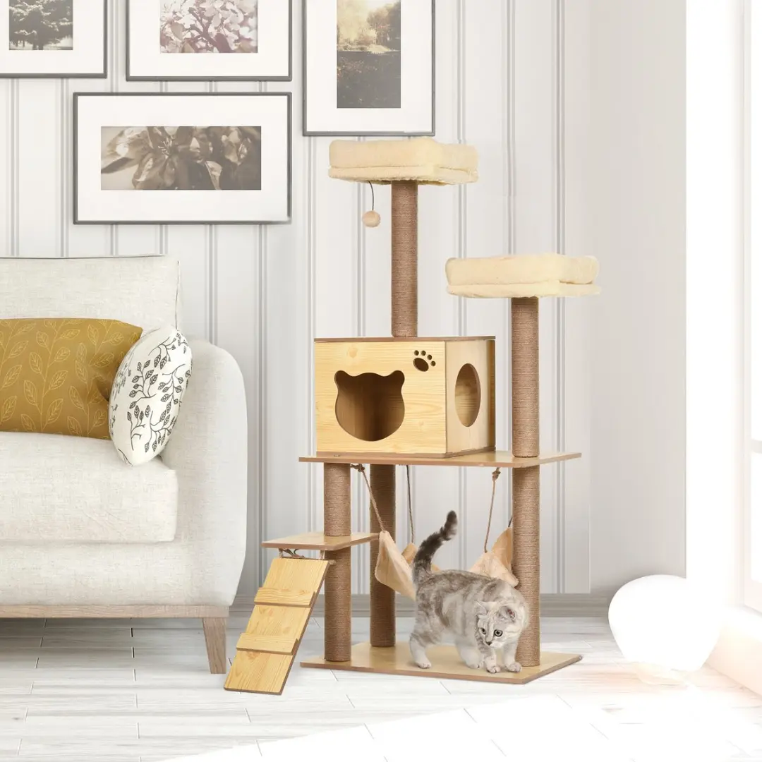 Pawhut Kattenboom Hout 60x40x130cm Beige - afbeelding 6 van 6