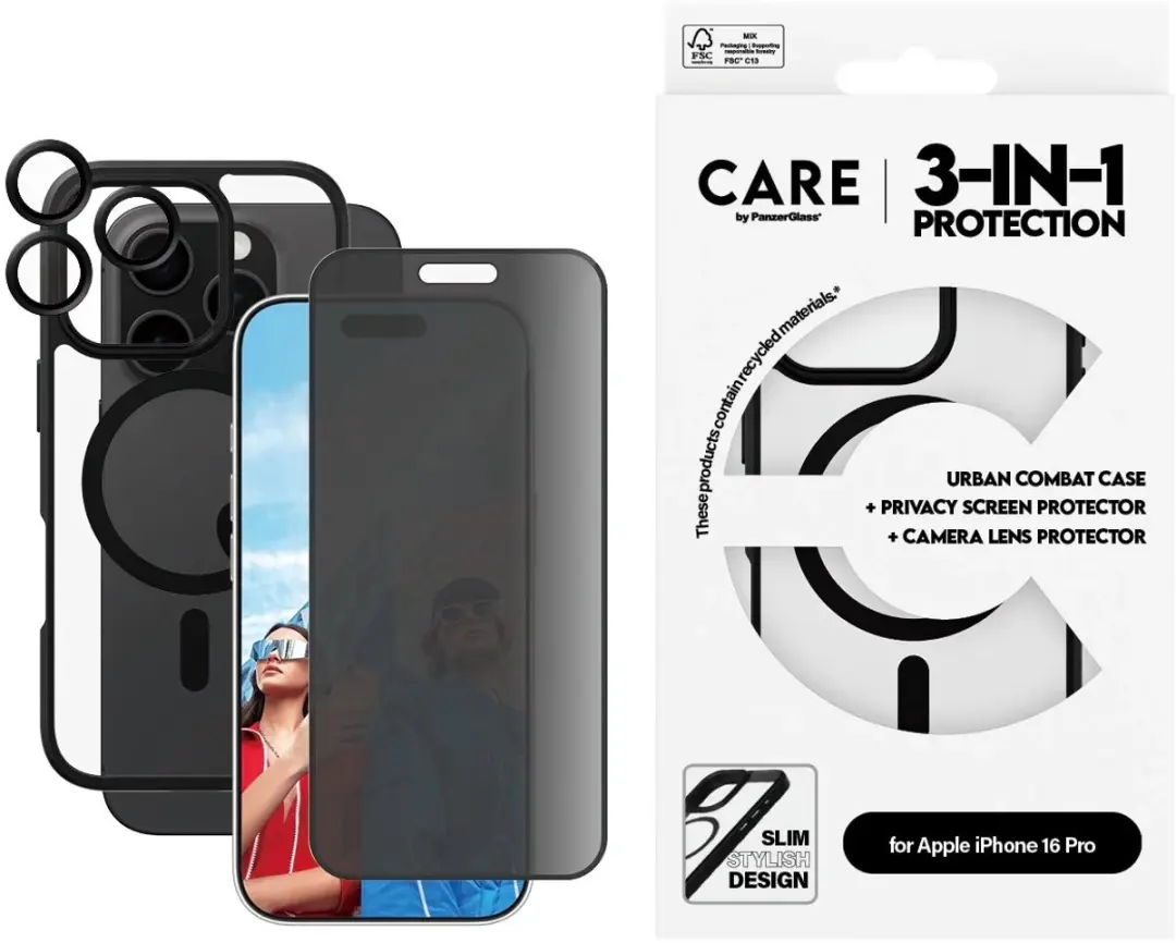 PanzerGlass iPhone 16 Pro Screenprotector 3-in-1 Privacy - Transparant Zwart