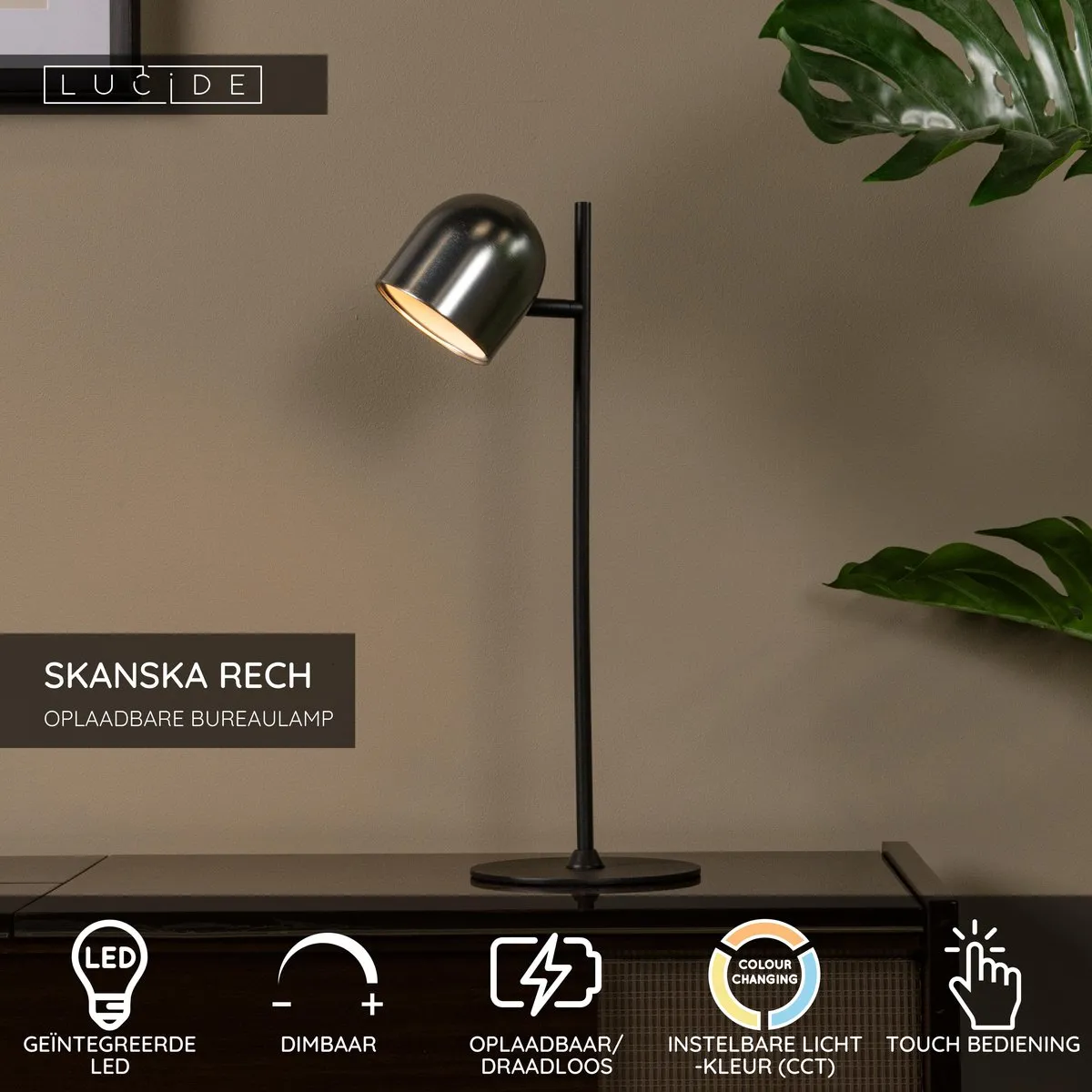 Lucide Skanska Rech Oplaadbare Bureaulamp 3W - Grijs ijzer