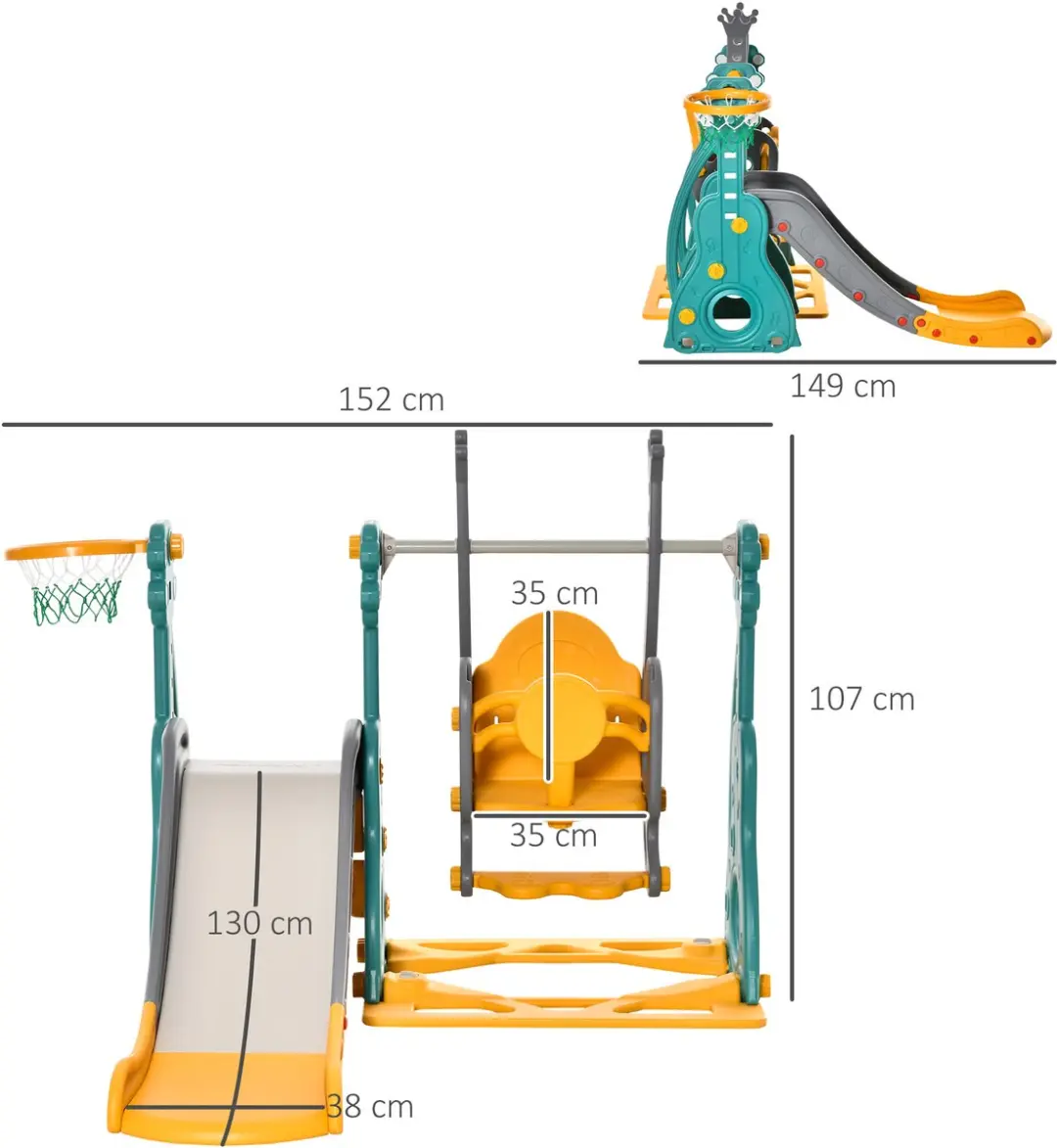 Homcom Kinderschommel Glijbaancombinatie 152x149x107cm - HDPE - Blauw/Grijs/Geel