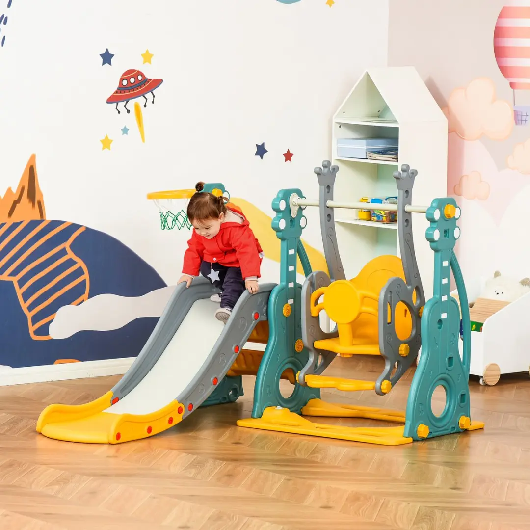 Homcom Kinderschommel Glijbaancombinatie 152x149x107cm - HDPE - Blauw/Grijs/Geel