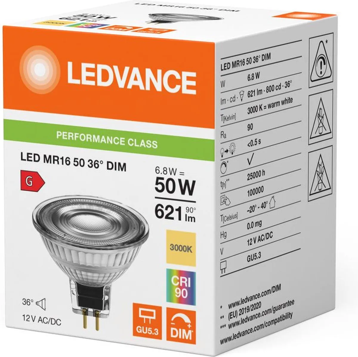 LEDVANCE Performance LED Spot Reflector GU5.3 MR16 6.8W - 621lm Warm Wit
