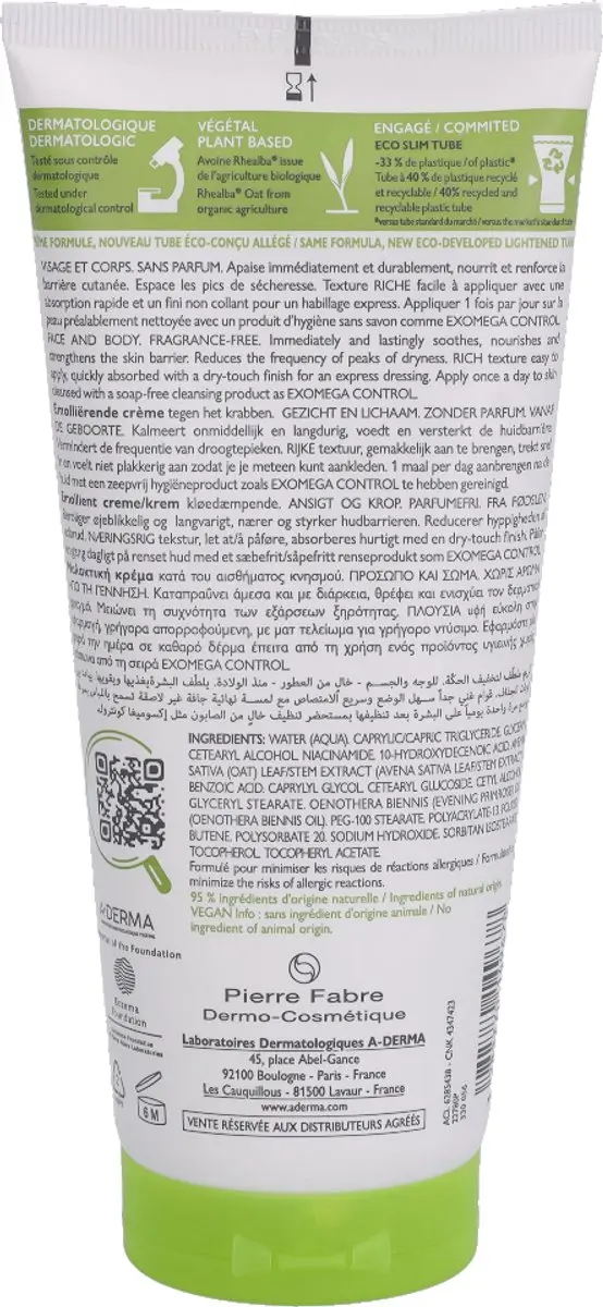 A-Derma Exomega Control Jeukwerende Crème 200ml