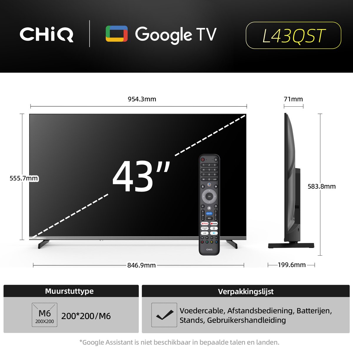 CHiQ L43QST - Smart TV 43 Inch - QLED Pro Google TV - Full HD - Randloos Metal Design - Dolby Audio - 2025 Nieuw