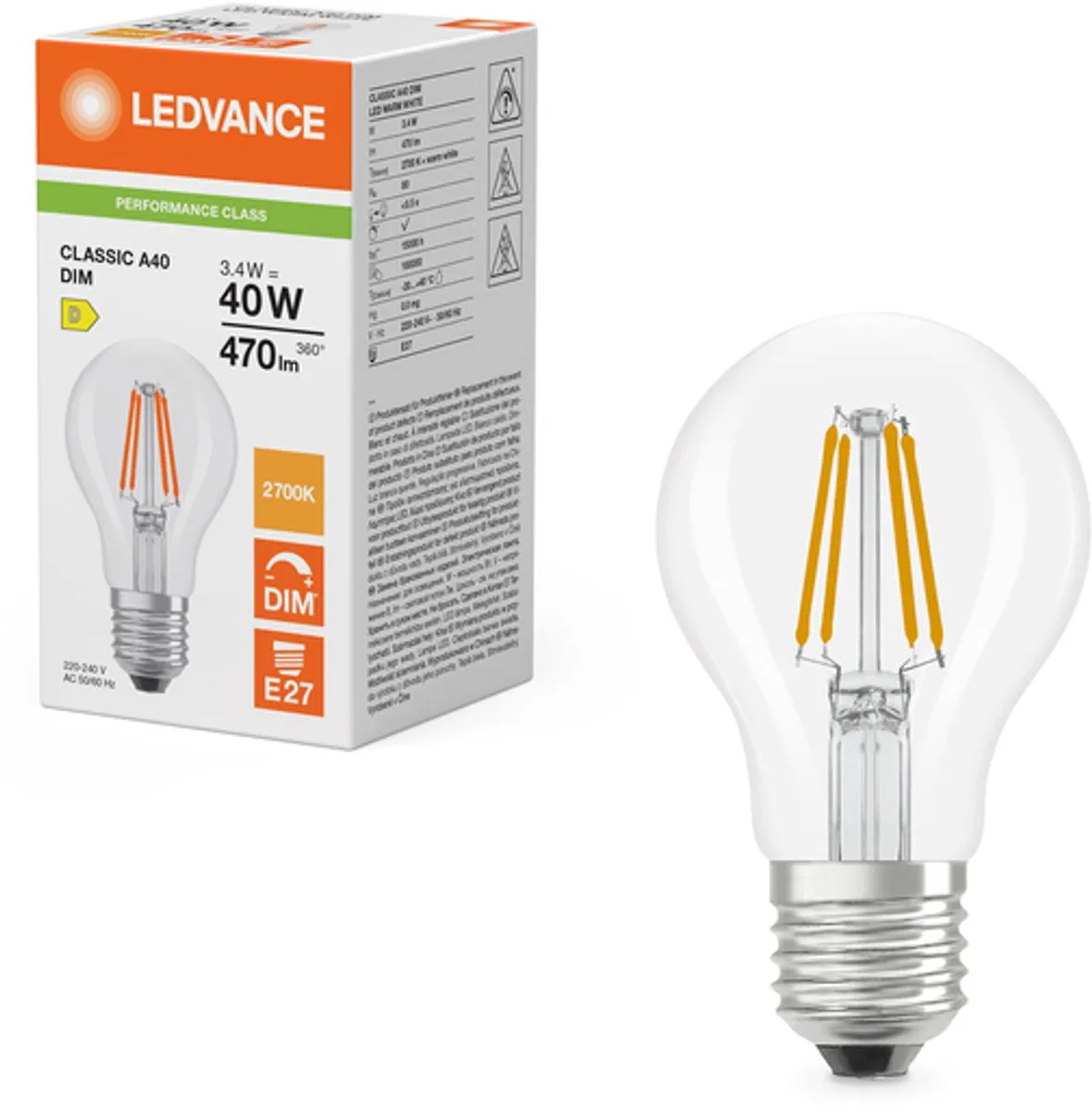 LEDVANCE LED A60 Filament E27 3.4W 470lm 2700K - Warm wit