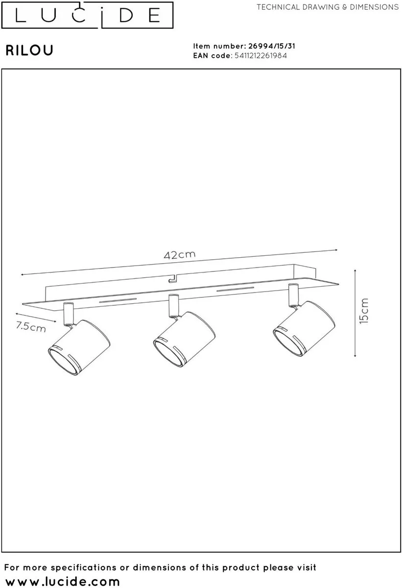 Lucide Rilou Plafondspot LED GU10 3x5W 3000K - Wit