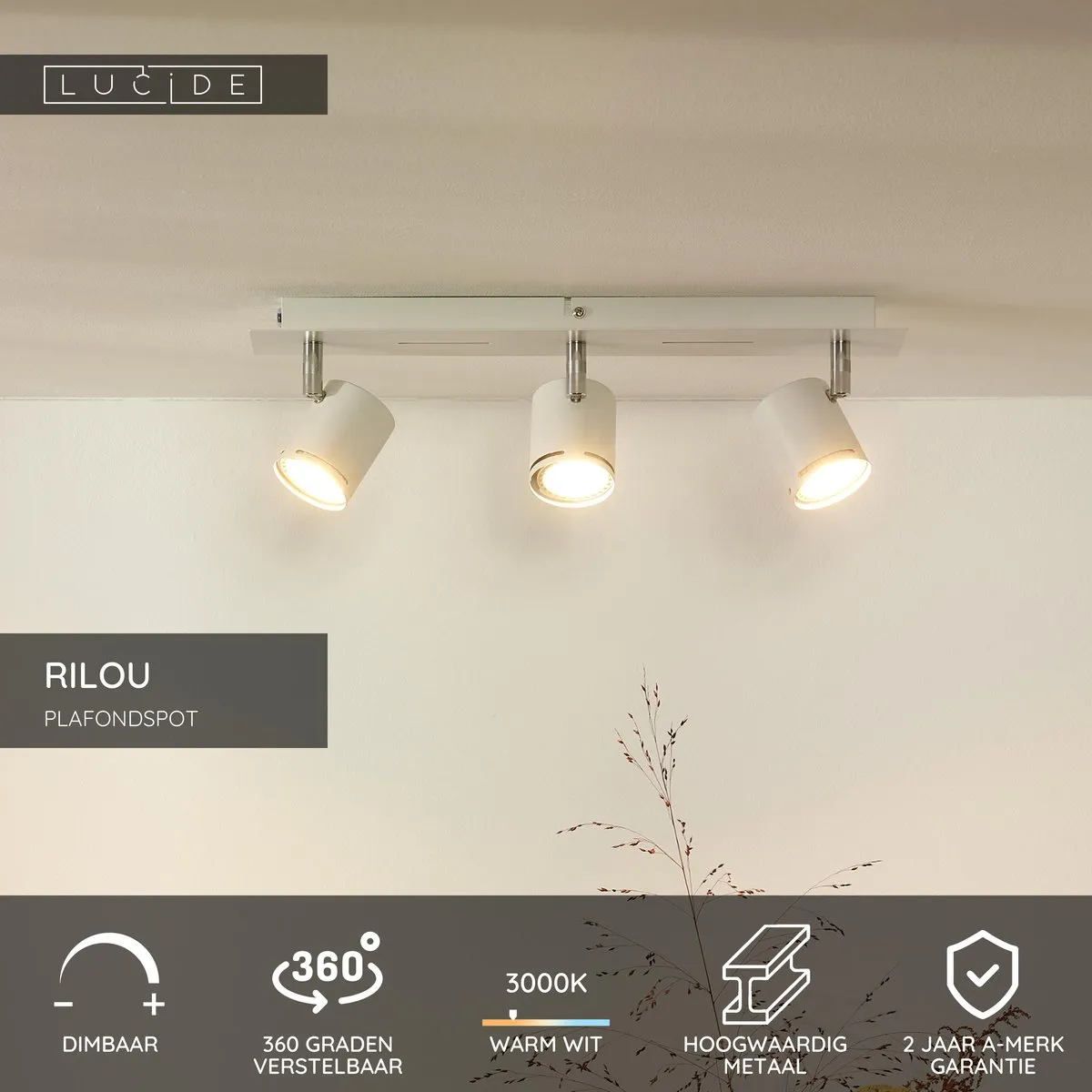 Lucide Rilou Plafondspot LED GU10 3x5W 3000K - Wit