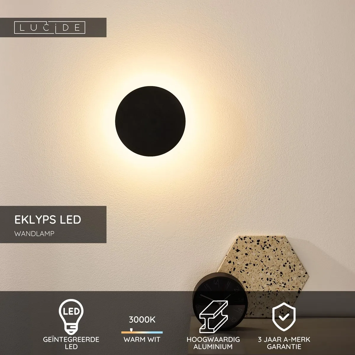 Lucide EKLYPS LED Wandlamp Ø15cm 7W 3000K - Zwart