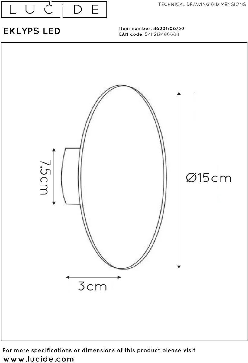 Lucide EKLYPS LED Wandlamp Ø15cm 7W 3000K - Zwart - afbeelding 6 van 6