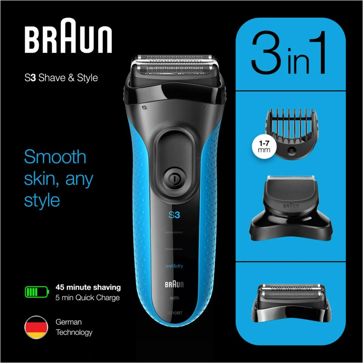 Braun Series 3 3010BT Elektrisch Scheerapparaat - 3 Mesjes - Zwart/Blauw