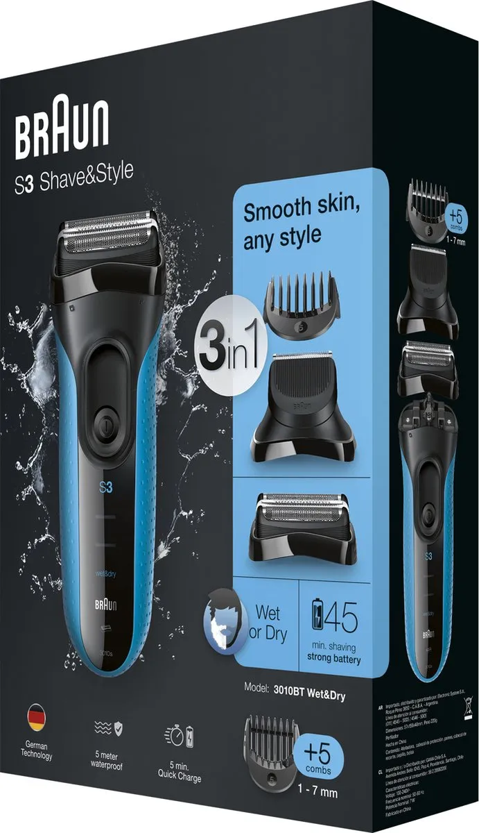 Braun Series 3 3010BT Elektrisch Scheerapparaat - 3 Mesjes - Zwart/Blauw