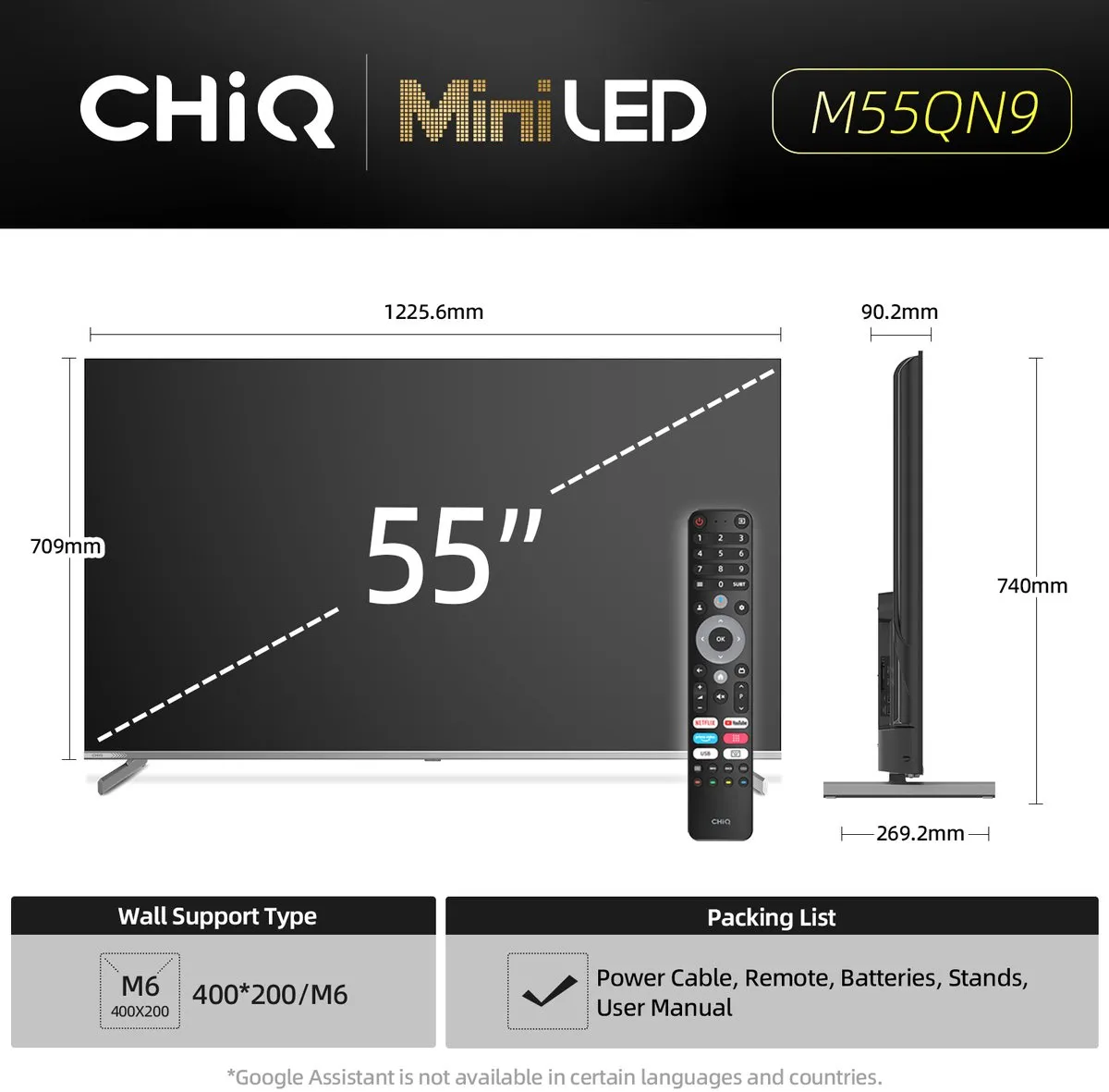 CHiQ M55QN9G Smart TV 55 Inch - 4K Mini LED QLED - Google TV 5.0 - Zwart