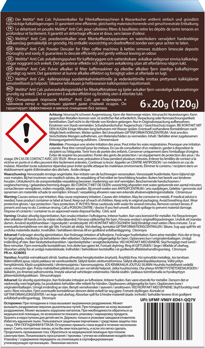 Melitta Ontkalker 6x20g - Cilinderstofzak - o.a. Filterkoffie