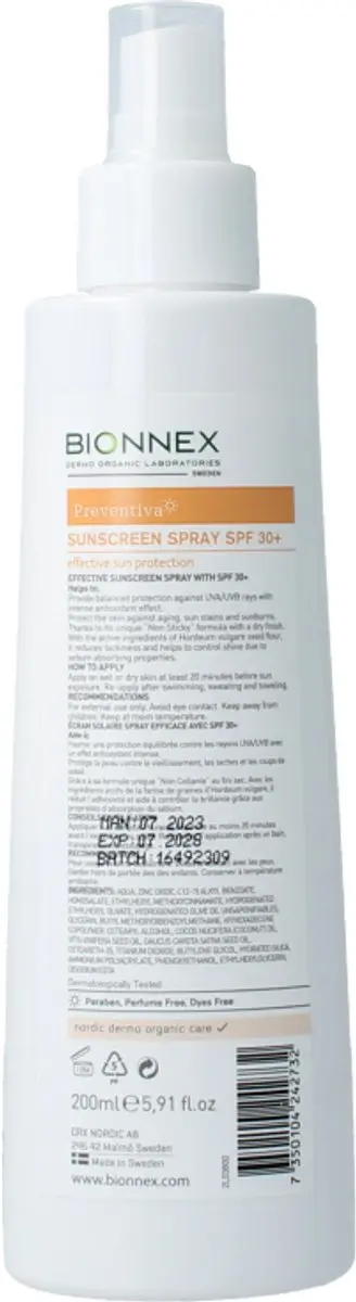 Bionnex Preventiva Zonnebrand Spray SPF 30+ 200ml