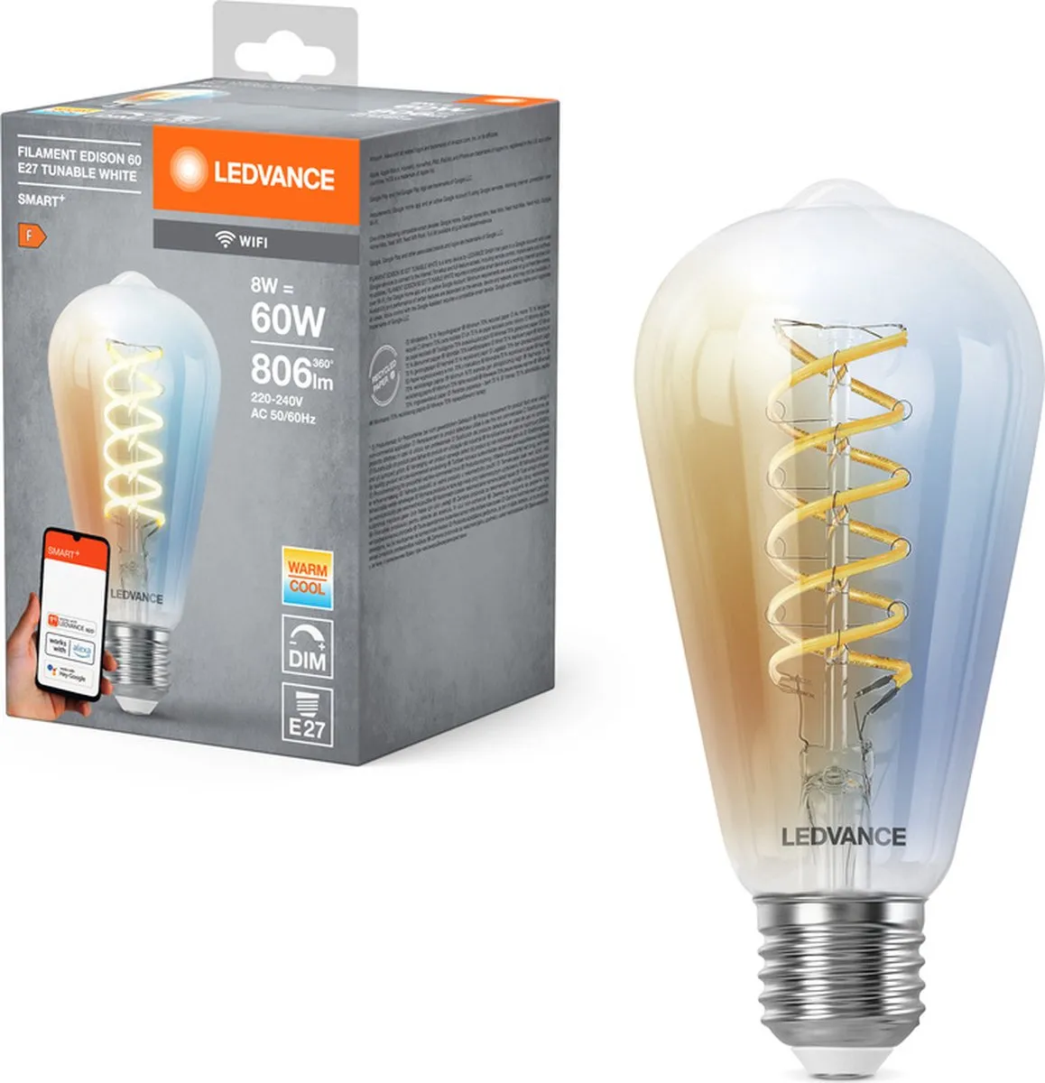 LEDVANCE SMART+ WIFI E27 8W Edison - 806lm 2700-6500K - 4 Stuks