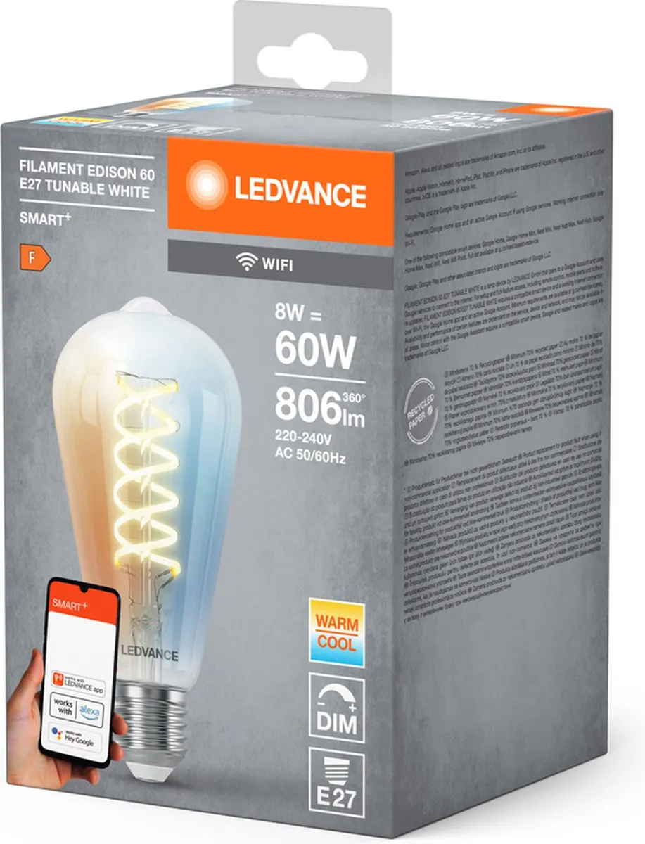 LEDVANCE SMART+ WIFI E27 8W Edison - 806lm 2700-6500K - 4 Stuks