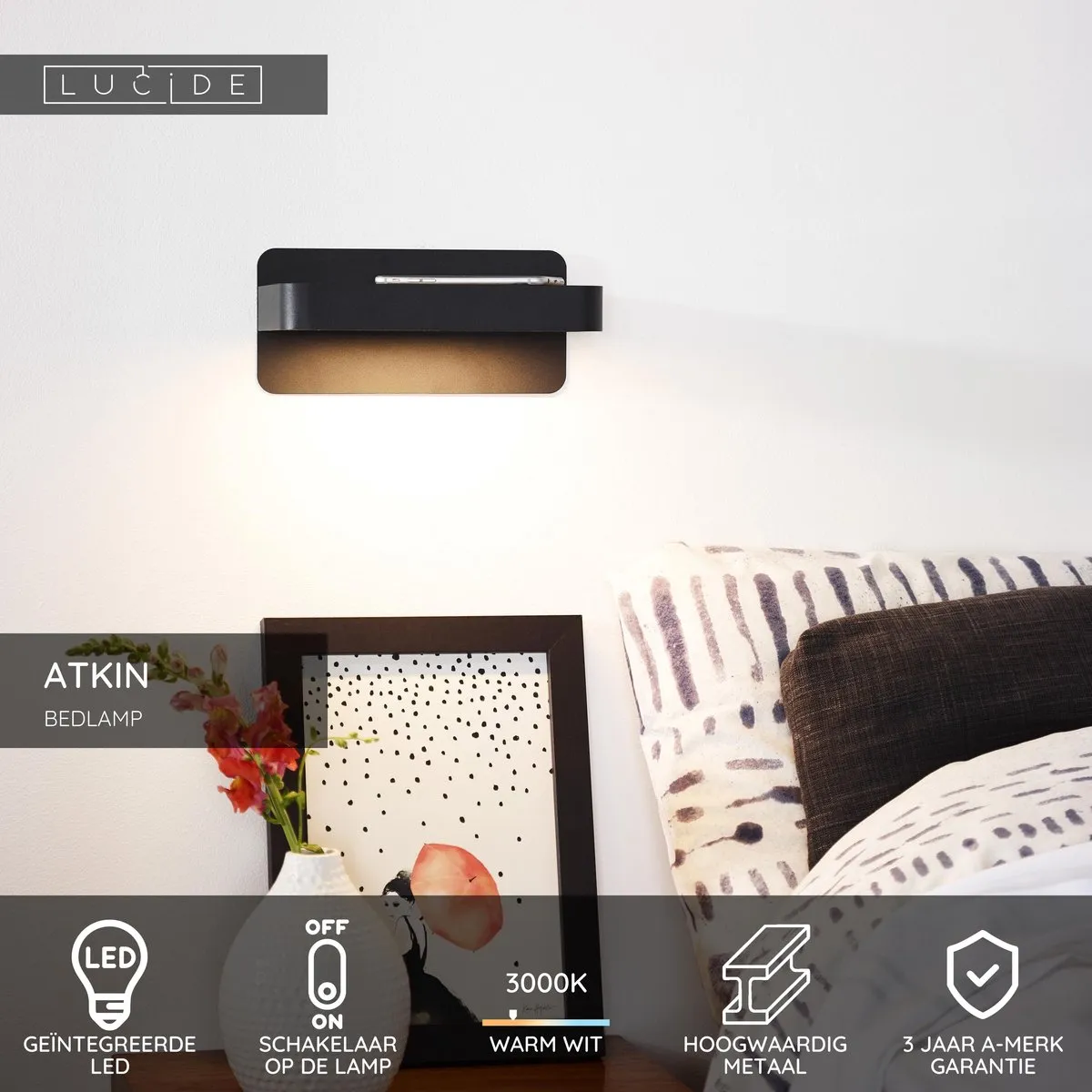 Lucide ATKIN Bedlamp/Wandlamp 6W 3000K - USB Oplaadpunt - Zwart