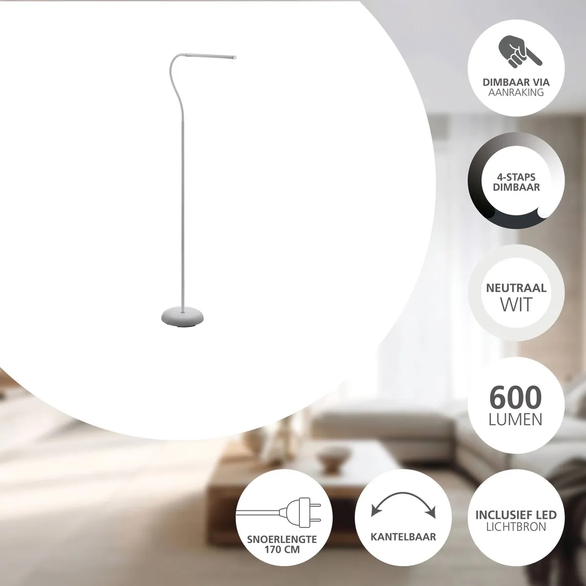 Eglo Laroa Vloerlamp - 130cm - Wit - Dimbaar - afbeelding 6 van 6