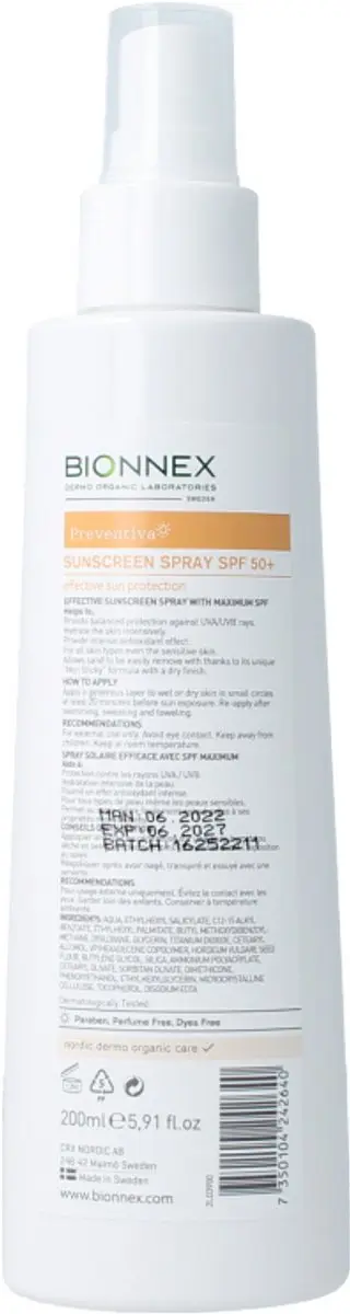Bionnex Preventiva Zonnebrand Spray SPF 50+ 200ml